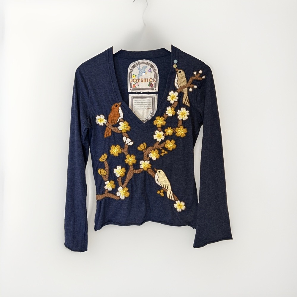 Joystick Top Womens L Blue Bird Floral Hand Embroidered Hong Kong VTG BOHO Y2K